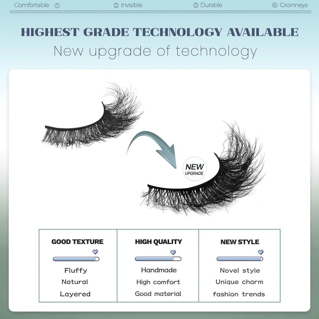 GROINNEYA Fake Lashes Fluffy Cat Eye Lashes 8D Fluffy Volume False Eyelashes D Curl Dramatic Thick Full Strip Faux Mink Lashes
