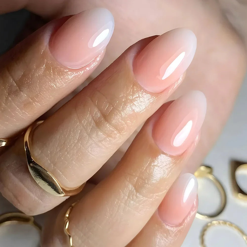 24Pcs Metallic Cat Eye French Sheer Manicure Tip Art Textured 3D Acrylic False Nails Nude Pink Almond Medium Press on Fake Nails