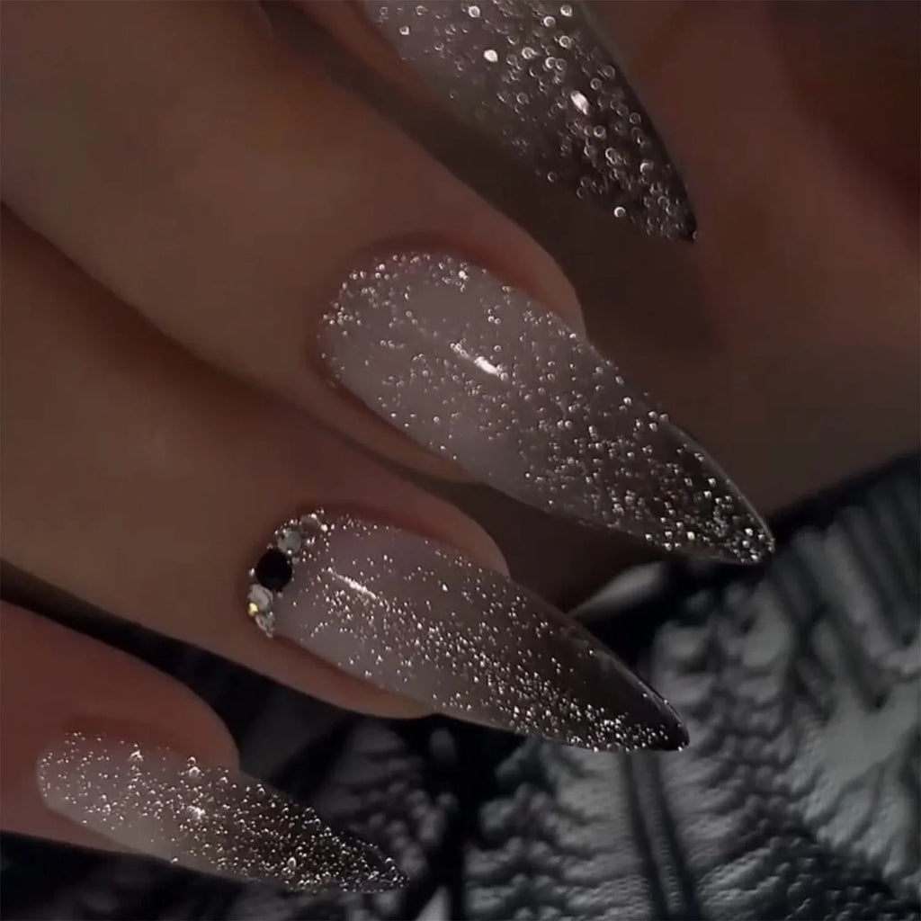 24Pcs Metallic Cat Eye French Sheer Manicure Tip Art Textured 3D Acrylic False Nails Nude Pink Almond Medium Press on Fake Nails