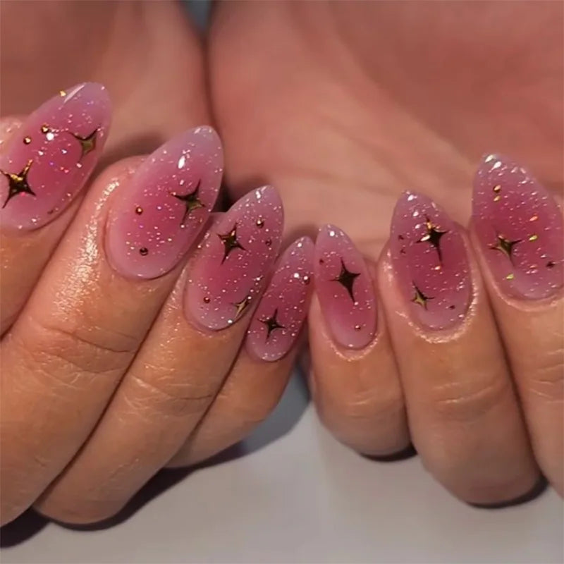 24Pcs Metallic Cat Eye French Sheer Manicure Tip Art Textured 3D Acrylic False Nails Nude Pink Almond Medium Press on Fake Nails