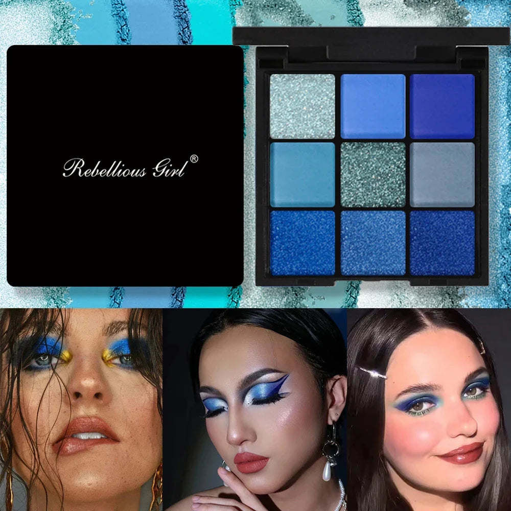 9 Color Eyeshadow Palette Blue Waterproof Sweatproof Blue Matte Pearl Glitter Finish Performance Stage Makeup Music Festival