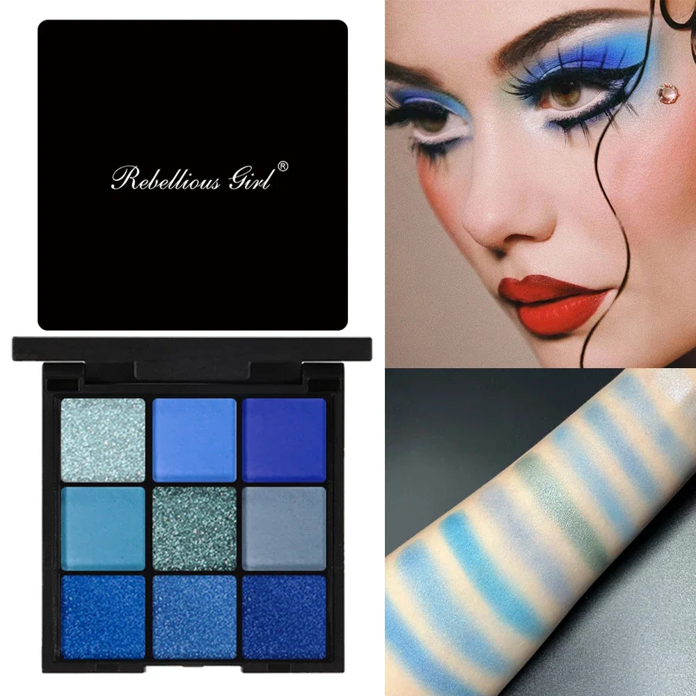 9 Color Eyeshadow Palette Blue Waterproof Sweatproof Blue Matte Pearl Glitter Finish Performance Stage Makeup Music Festival