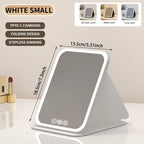 3 Colors Dimmable LED Makeup Mirror with Touch Screen Fold Cosmetic Makeup Mirror Rechargeable Tabletop for Travel & Home Use