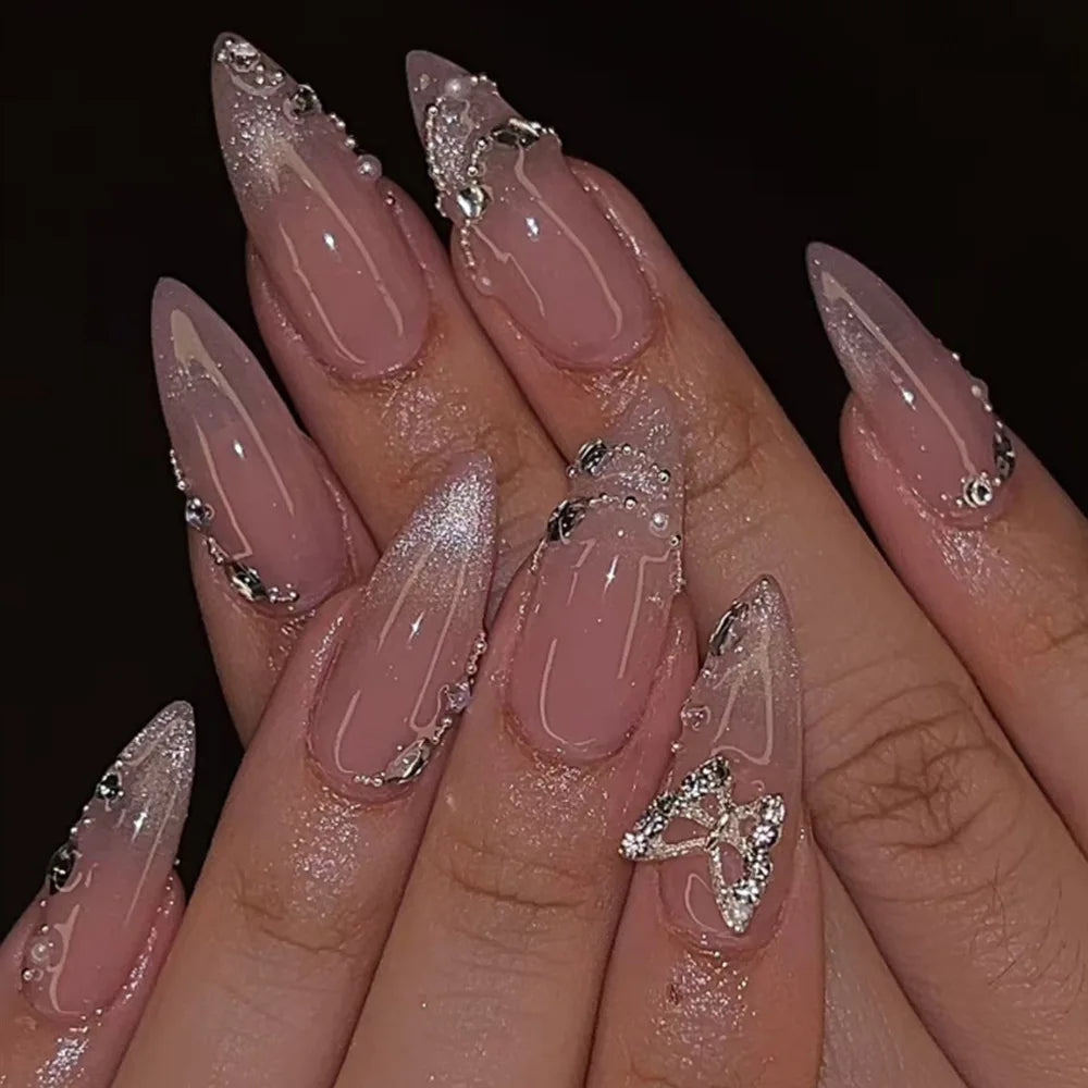 24Pcs Metallic Cat Eye French Sheer Manicure Tip Art Textured 3D Acrylic False Nails Nude Pink Almond Medium Press on Fake Nails