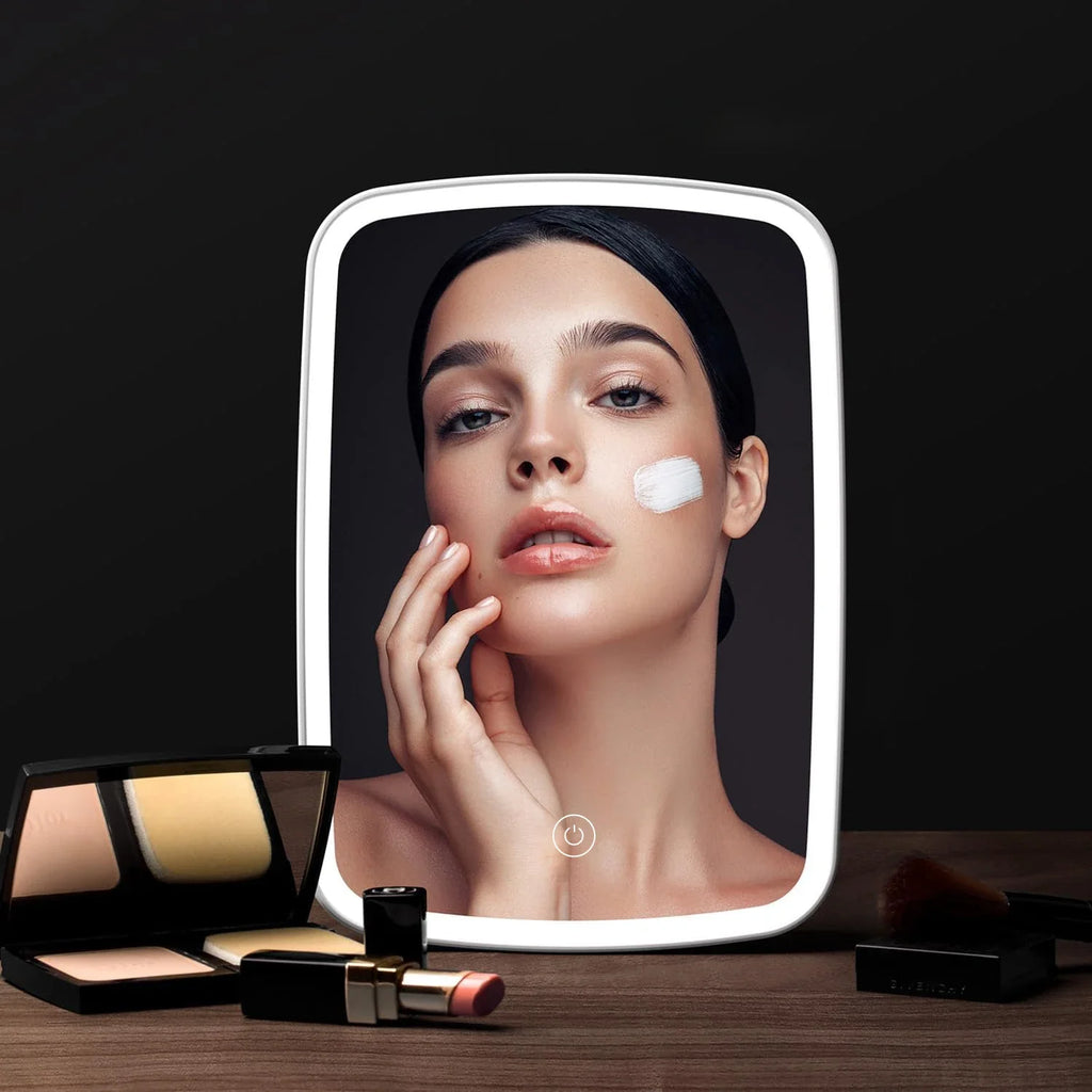 LED Makeup Mirror with Stand Desktop Folding Compact Square Travel Cosmetic Portable Lighted Vanity Mirror Touch Screen Tabletop