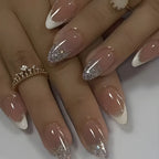 24Pcs Metallic Cat Eye French Sheer Manicure Tip Art Textured 3D Acrylic False Nails Nude Pink Almond Medium Press on Fake Nails