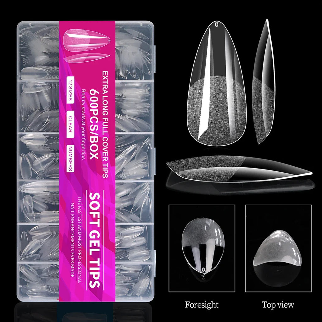 100/600Pcs Short Almond Nail Tips Soft Gel Nail Tips Full Cover False Nail Tips For Acrylic Nails  Salon Home Press On Nails