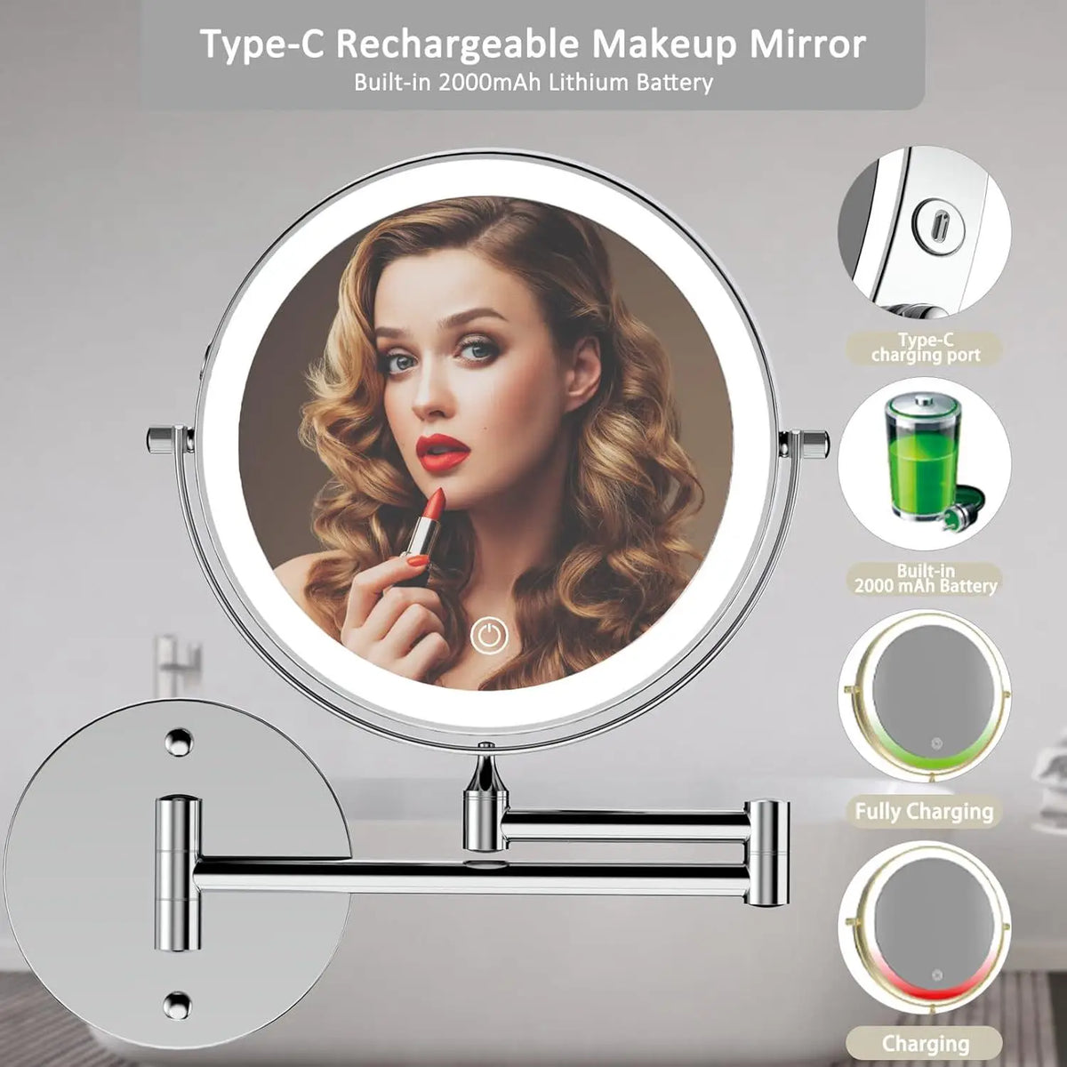 8" Wall Mounted Bathroom Makeup Mirror with 3 Color Light,Double Sided 1X/10X Magnifying Lighted Mirror LED Mirror for Shaving