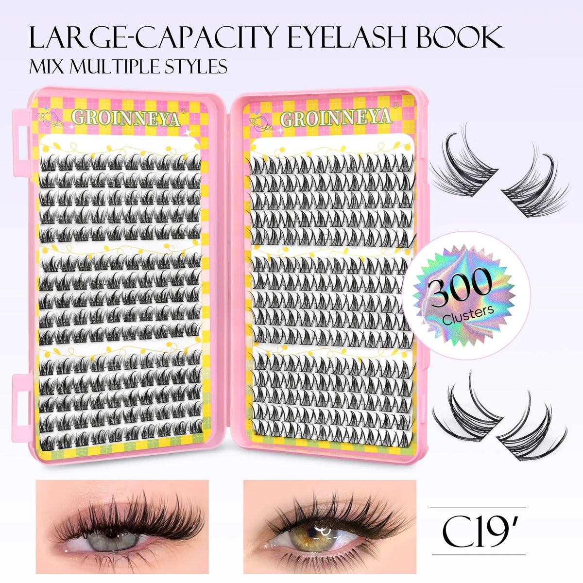 GROINNEYA Eyelashes Clusters 320 pcs Natural Eyelash extension Cluster Lashes Volume Mixed Tray Lashes Cluster Natural Lashes